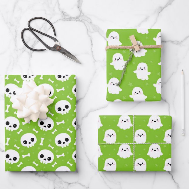 Feuille De Papier Cadeau Cute Halloween fantôme et crânes Motifs (Recto)