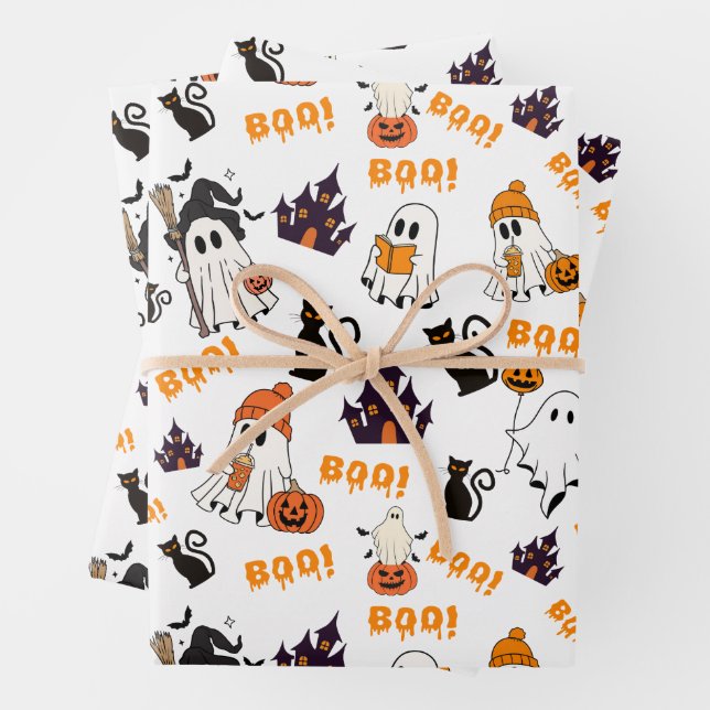 Feuille De Papier Cadeau Cute Halloween Motif fantôme - Chats noirs Éffraya (En situation)