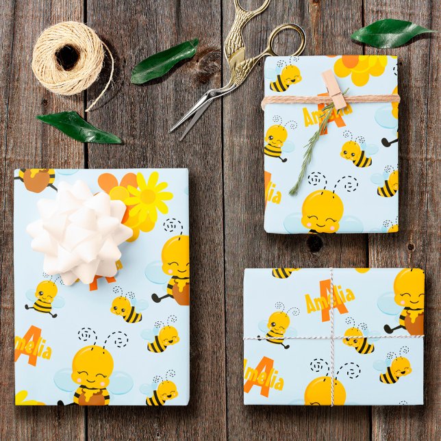 Feuille De Papier Cadeau Cute Happy Bumble Bee with Flowers (Créateur téléchargé)