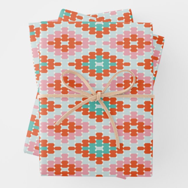 Feuille De Papier Cadeau Cute hiver Motif diamant géométrique  rose Turquoi (En situation)