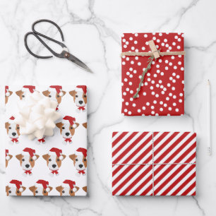Feuille De Papier Cadeau Cute Jack Russell et Motifs rouges - Noël
