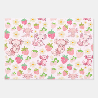 Feuille De Papier Cadeau Cute Kawaii Axolotl & Strawberry Seamless Pattern