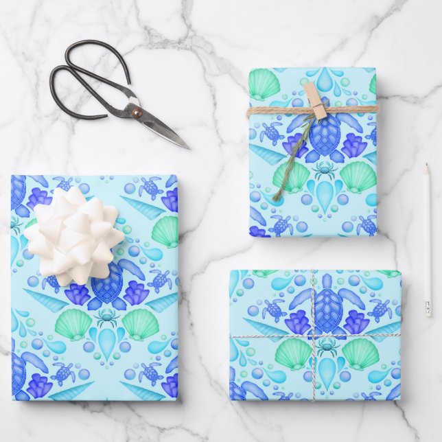 Feuille De Papier Cadeau Cute Kids Tropical Blue Ocean Turtle (Recto)