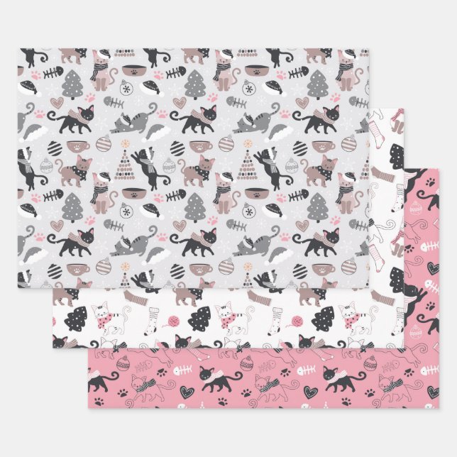 Feuille De Papier Cadeau Cute Kitties Kittens Colorée Jouer Chat Vacances (Lot)