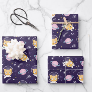Feuille De Papier Cadeau Cute Kitty Chat Astronauts Motif
