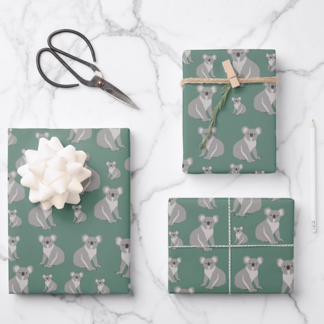 Feuille De Papier Cadeau Cute Koala Eucalyptus Motif vert (Recto)