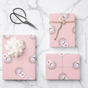 Feuille De Papier Cadeau Cute lapin blanc avec motif arc-en-ciel rose
