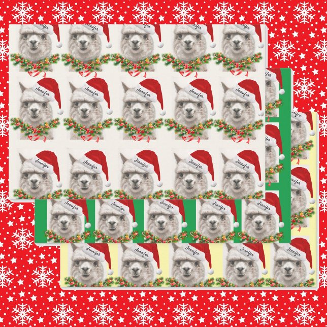 Feuille De Papier Cadeau Cute Llama Sourit Père Noël Votre nom Noël (Créateur téléchargé)