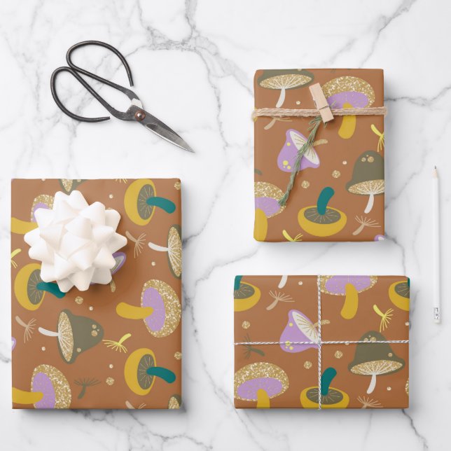 Feuille De Papier Cadeau Cute Motif champignons Automne Parties scintillant (Recto)