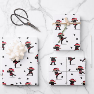 Feuille De Papier Cadeau Cute Ninja Guerrier Enfants Noir & Rouge Motif