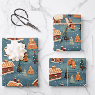 Feuille De Papier Cadeau Cute pain d'épices Maisons et arbres
