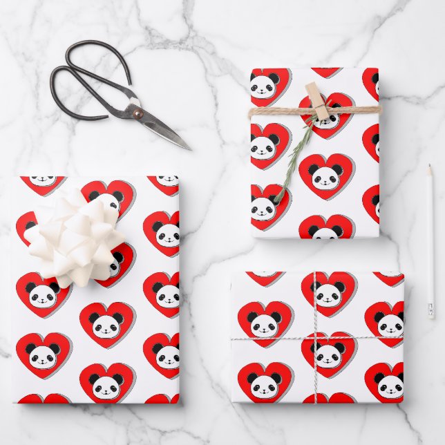 Feuille De Papier Cadeau Cute Panda Bear Dans Le Coeur Rouge (Recto)