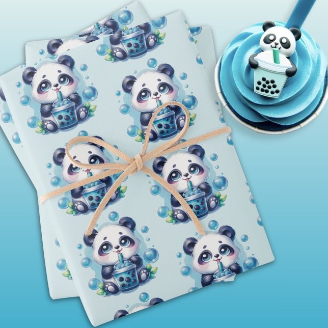 Feuille De Papier Cadeau Cute Panda et Blue Boba Bubble Tea (Créateur téléchargé)