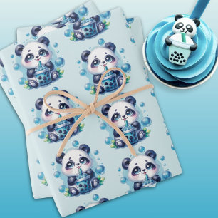 Feuille De Papier Cadeau Cute Panda et Blue Boba Bubble Tea