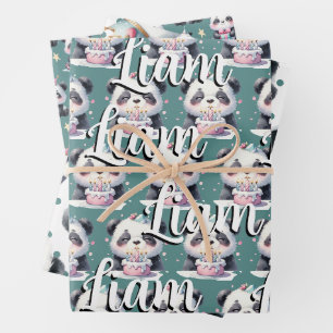 Feuille De Papier Cadeau Cute Panda Motif Anniversaire Garçon Vert