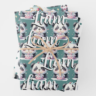 Feuille De Papier Cadeau Cute Panda Motif Anniversaire Garçon Vert