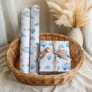 Feuille De Papier Cadeau Cute Pastel Baby Boy Blue Trucks Nuages Coeurs