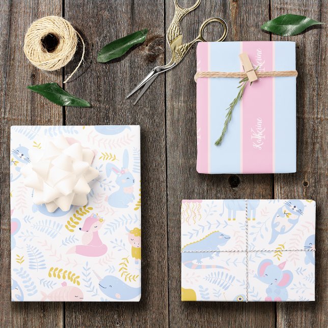 Feuille De Papier Cadeau Cute Pastel Rose animal Monogramme Baby shower fil (Créateur téléchargé)