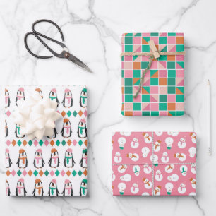 Feuille De Papier Cadeau Cute Penguin & Snowman Rose & Turquoise