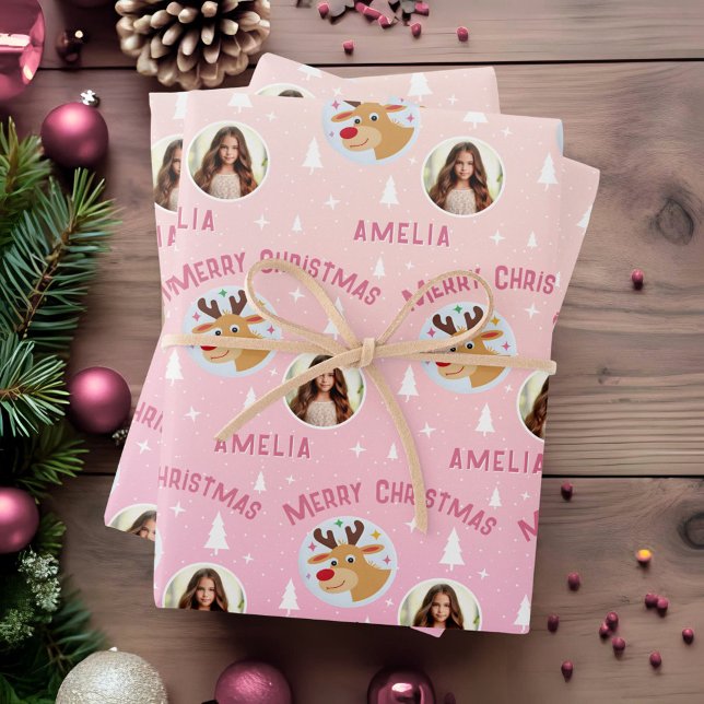 Feuille De Papier Cadeau Cute Pink Reindeer Kid`s Name Photo Christmas (Créateur téléchargé)