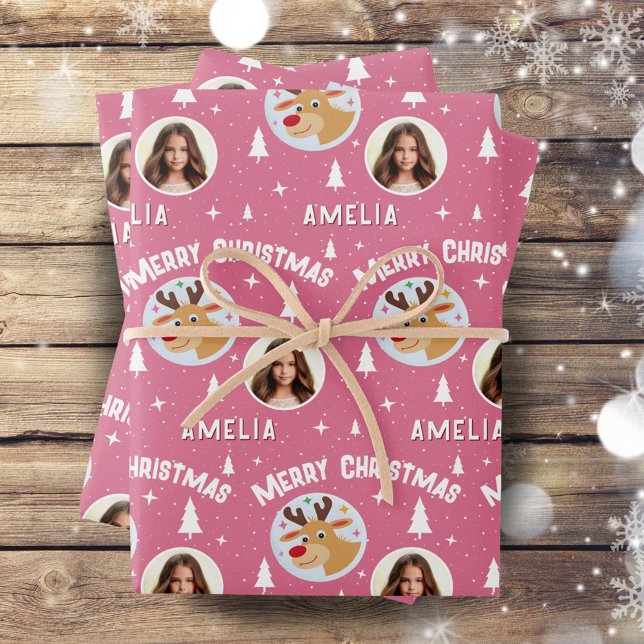 Feuille De Papier Cadeau Cute Pink Reindeer Kid`s Name Photo Christmas (Créateur téléchargé)