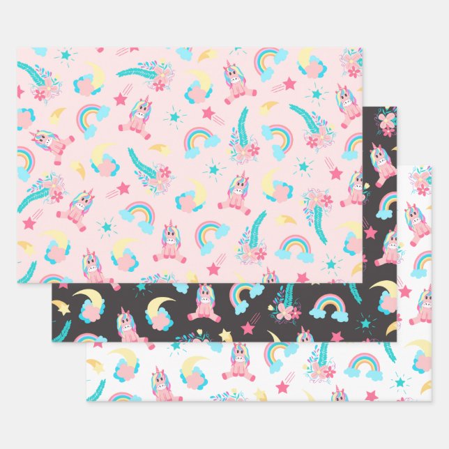 Feuille De Papier Cadeau Cute Pink Teal Unicorn Rainbow (Lot)