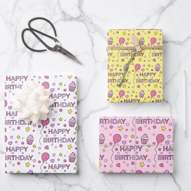 Feuille De Papier Cadeau Cute Rose Joyeux Cupcakes d'anniversaire, étoiles  (Recto)