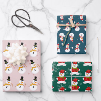 Feuille De Papier Cadeau Cute Snowman sur rose, bleu et vert Arrière - plan