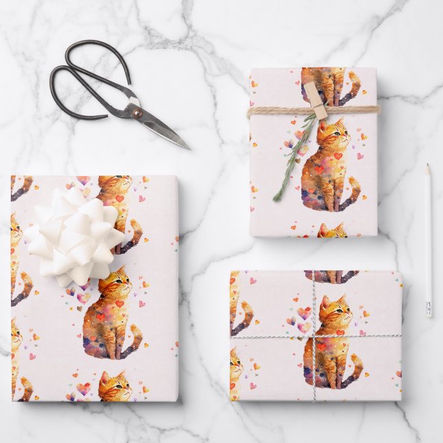 Feuille De Papier Cadeau Cute Tabby Chat avec Motif de coeur (Recto)