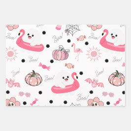 Feuille De Papier Cadeau Cute Tropical Halloween - Pink Ghosts & Flamingos