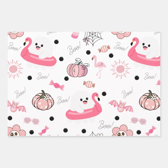 Feuille De Papier Cadeau Cute Tropical Halloween - Pink Ghosts & Flamingos (Devant)