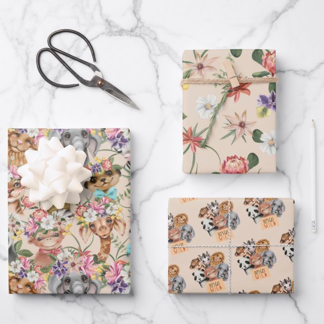 Feuille De Papier Cadeau Cute Tropical Wild One Jungle Animaux (Recto)