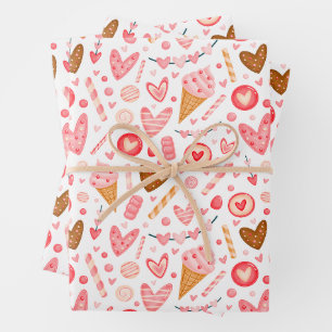 Feuille De Papier Cadeau Cute Valentine's Day Hearts, Candy and Ice Cream