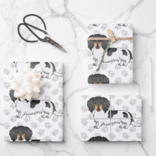 Feuille De Papier Cadeau Dachshund à poil long piebalde noir et feu & patte