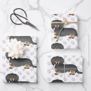 Feuille De Papier Cadeau Dachshund à poils longs noir et feu Motif de chien