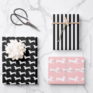 Feuille De Papier Cadeau Dachshund Anniversaire rose et noir