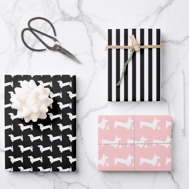 Feuille De Papier Cadeau Dachshund Anniversaire rose et noir (Recto)