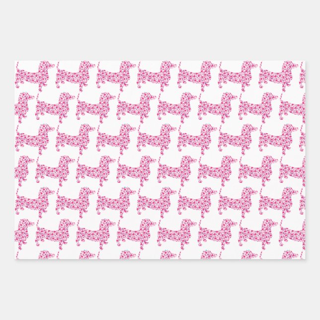 Feuille De Papier Cadeau Dachshund fait dans les Coeurs Rose (Devant)