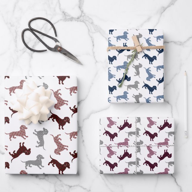 Feuille De Papier Cadeau Dachshunds de Noël à Damask (Recto)