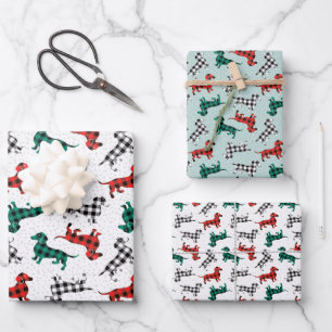 Feuille De Papier Cadeau Dachshunds de Noël en Rouge Flannel Buffalo Plaid