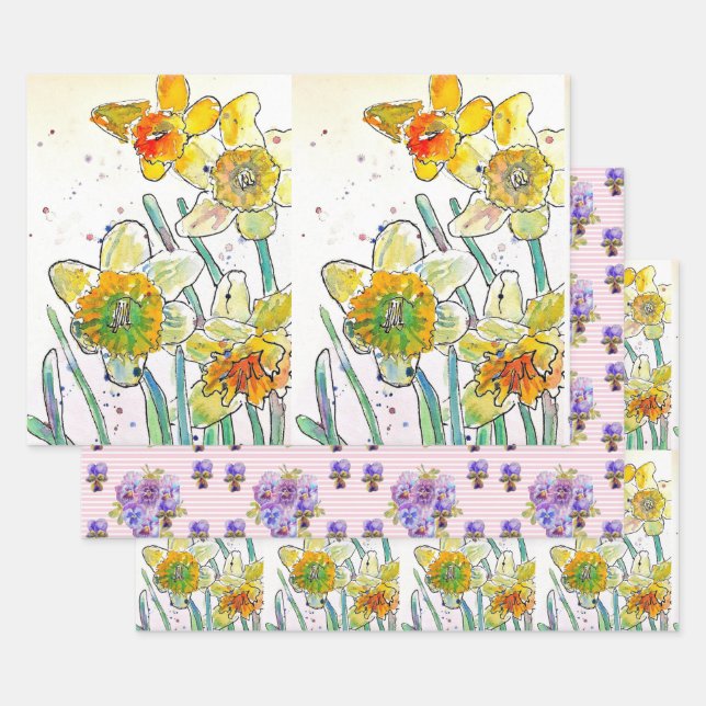 Feuille De Papier Cadeau Daffodique Jaune Daffodique Fleur Aquarelle (Lot)