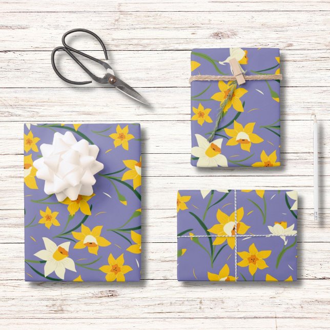 Feuille De Papier Cadeau Daffodiques sur bleu pourpre (Créateur téléchargé)