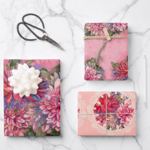 Feuille De Papier Cadeau Dahlias flowers pink watercolor pattern