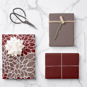 Feuille De Papier Cadeau Dahlias rouges et argentés