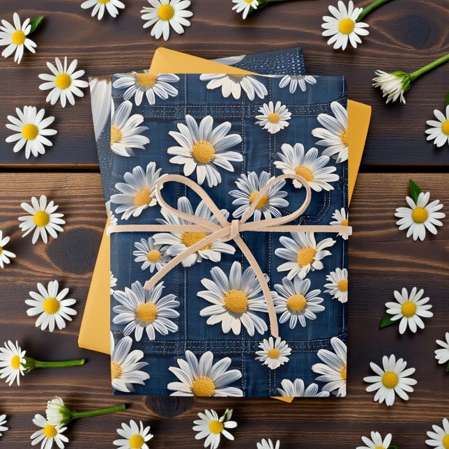 Feuille De Papier Cadeau Daisies on Blue Denim Birthday  (Créateur téléchargé)