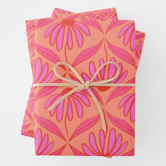 Feuille De Papier Cadeau Daisy Damask Pattern - rose et orange (En situation)