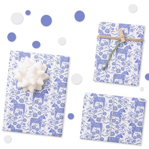 Feuille De Papier Cadeau Dala suédois Horse Indigo Blue and White Folk Art