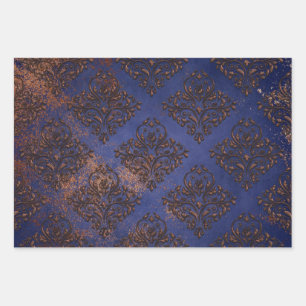 Feuille De Papier Cadeau Damas de cuivre sur bleu violet