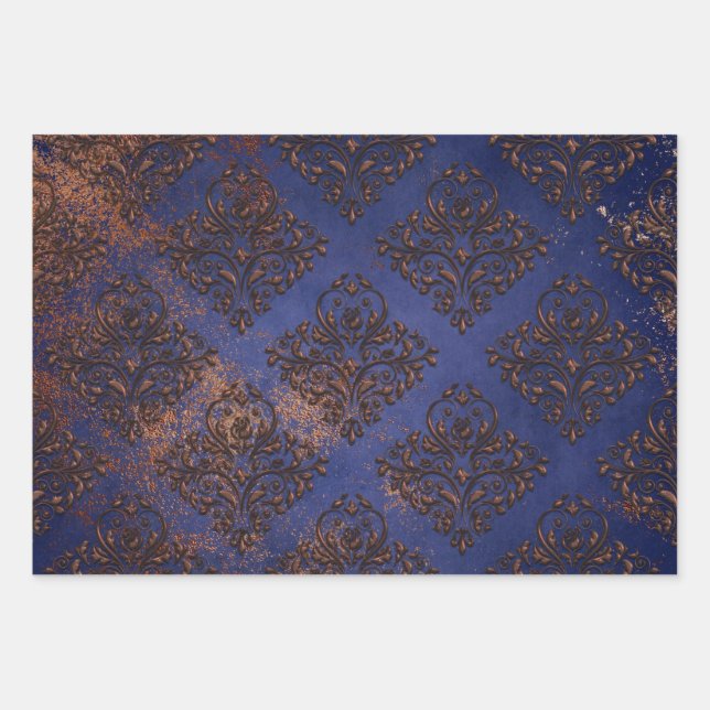 Feuille De Papier Cadeau Damas de cuivre sur bleu violet (Devant)