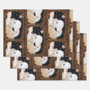 Feuille De Papier Cadeau Dame Art déco vintage dans la fenêtre